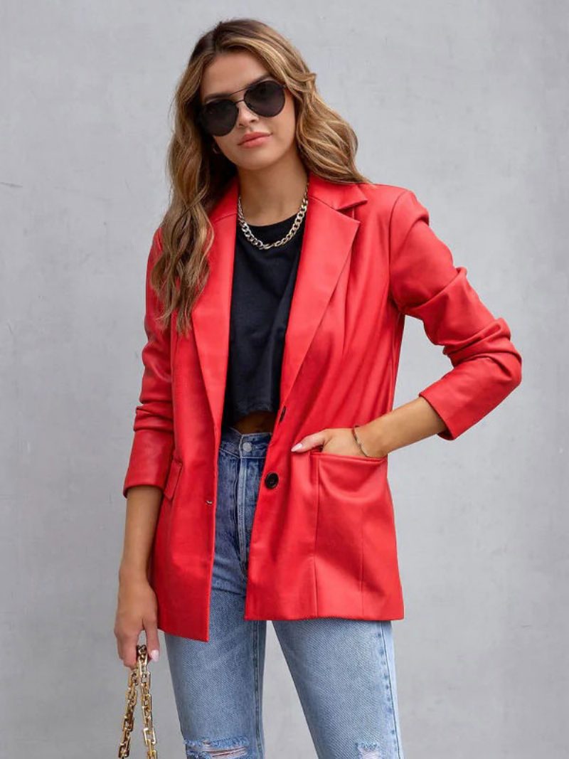 Kunstleder-blazer-jacke Weiß Pu Einfarbig Lässige Oberbekleidung Frühlings-herbst-oberbekleidung Für Damen - Rot