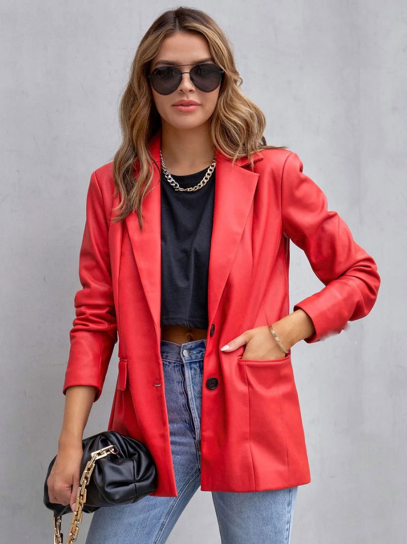 Kunstleder-blazer-jacke Weiß Pu Einfarbig Lässige Oberbekleidung Frühlings-herbst-oberbekleidung Für Damen - Rot