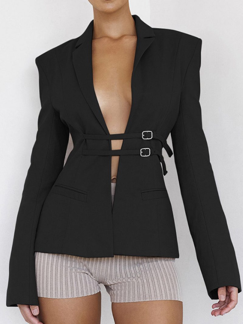 Langärmliger Blazer Mit V-ausschnitt Und Gekerbtem Revers Für Damen - Schwarz