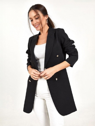 Lange Blazer-jacke Für Damen Schwarz Einfarbig Lässig Zweireihig Frühling Und Herbst Entspannte Oberbekleidung