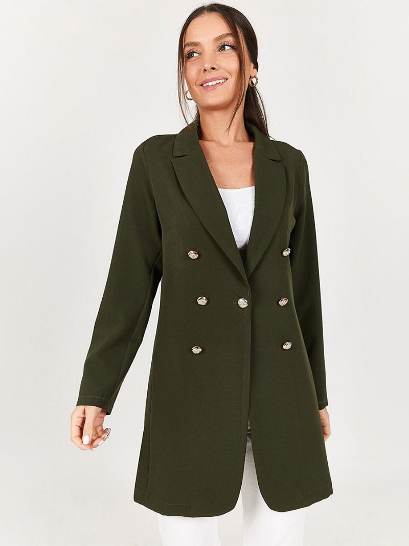 Lange Blazer-jacke Für Damen Schwarz Einfarbig Lässig Zweireihig Frühling Und Herbst Entspannte Oberbekleidung - Huntergrün