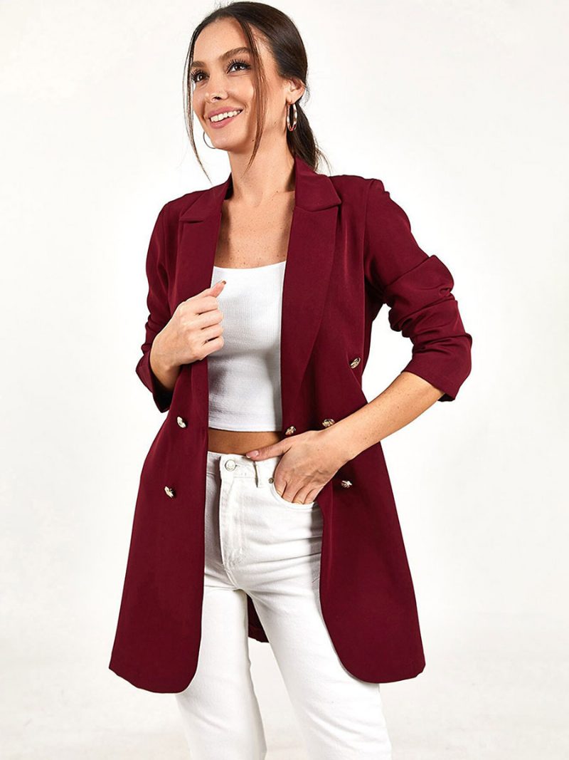 Lange Blazer-jacke Für Damen Schwarz Einfarbig Lässig Zweireihig Frühling Und Herbst Entspannte Oberbekleidung - Burgund