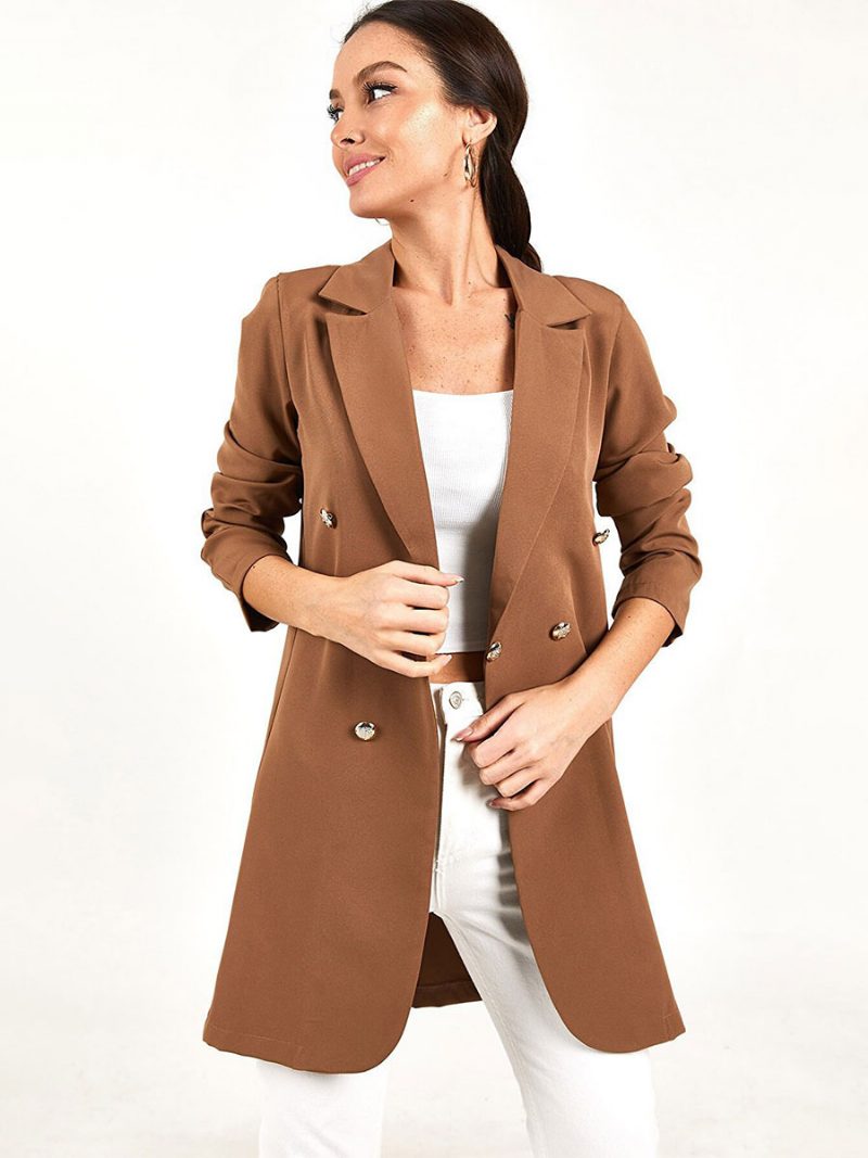 Lange Blazer-jacke Für Damen Schwarz Einfarbig Lässig Zweireihig Frühling Und Herbst Entspannte Oberbekleidung - Khaki