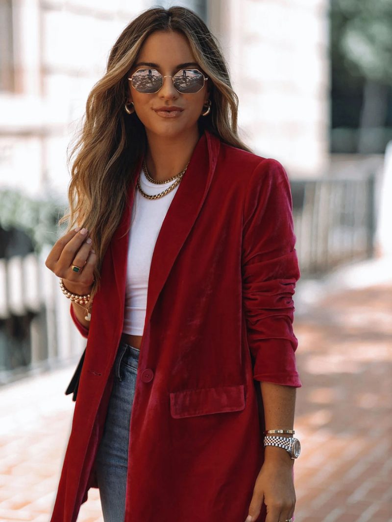 Lange Velours-blazerjacke Für Damen Rot Einfarbig Schick Übergroß Frühling Und Herbst Entspannte Straßenoberbekleidung - Rot