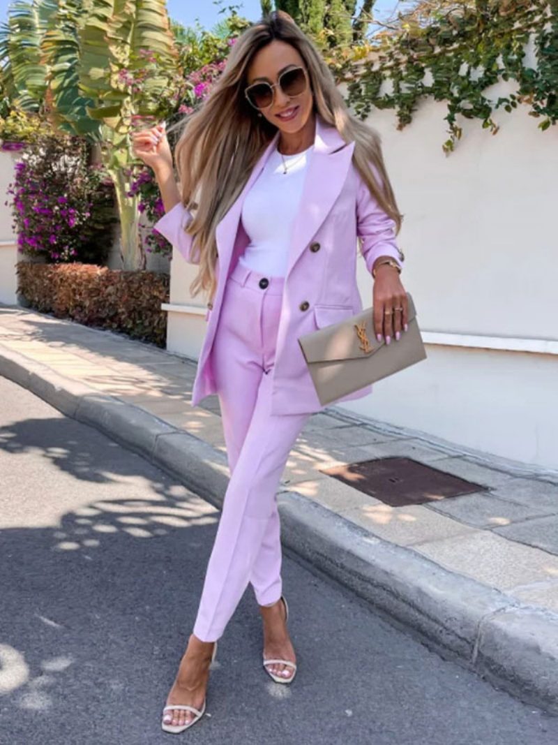 Zweiteilige Anzüge Lavendel Einfarbig Oberbekleidung Sets Klassische Blazer Jacke Slim Fit Hosen Frühling Herbst Outfit Für Frauen