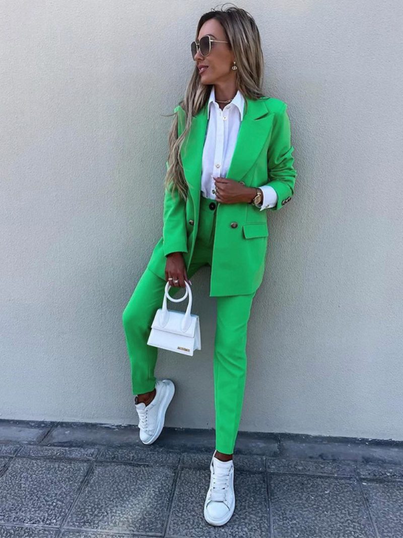 Zweiteilige Anzüge Lavendel Einfarbig Oberbekleidung Sets Klassische Blazer Jacke Slim Fit Hosen Frühling Herbst Outfit Für Frauen - Grasgrün