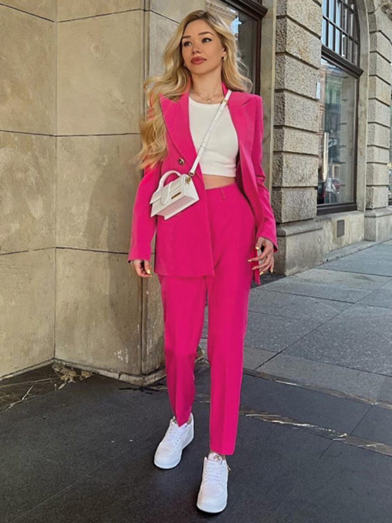 Zweiteilige Anzüge Lavendel Einfarbig Oberbekleidung Sets Klassische Blazer Jacke Slim Fit Hosen Frühling Herbst Outfit Für Frauen - Rose