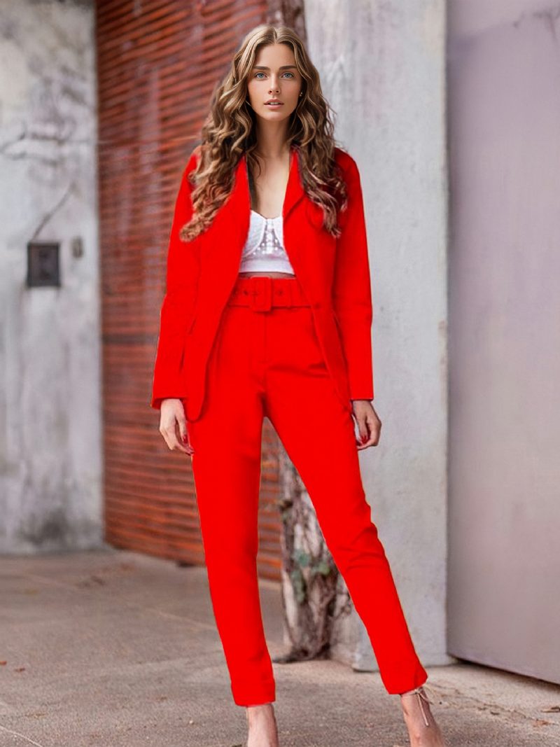 Zweiteilige Sets Für Damen Rosa Frühling Lange Ärmel Umlegekragen Outfit - Rot