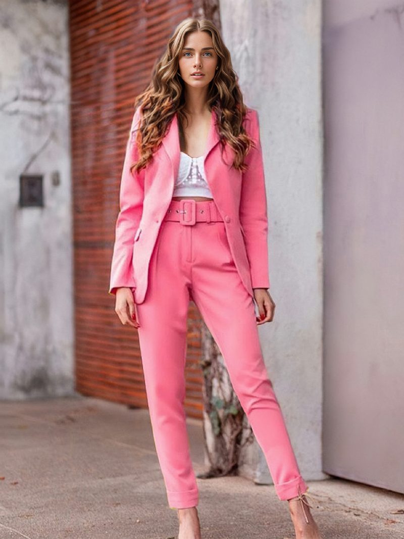 Zweiteilige Sets Für Damen Rosa Frühling Lange Ärmel Umlegekragen Outfit - Rosa