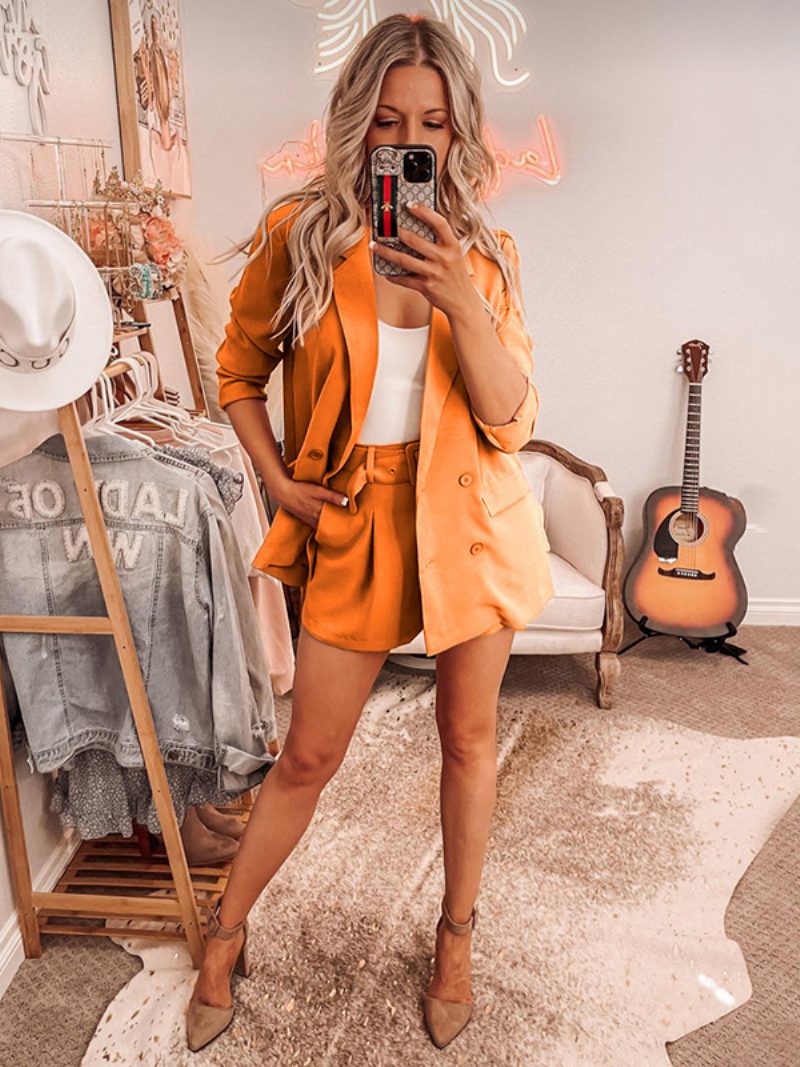 Zweiteiliger Anzug Einfarbig Salbeigrün Klassischer Blazer Jacke Gürtel Kurze Hosen Umlegekragen Frühlings-herbst-outfit Für Damen - Orange