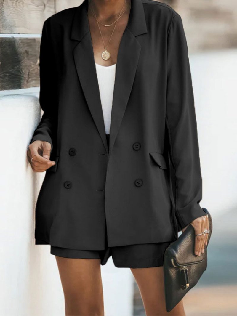 Zweiteiliger Anzug Einfarbig Salbeigrün Klassischer Blazer Jacke Gürtel Kurze Hosen Umlegekragen Frühlings-herbst-outfit Für Damen - Schwarz