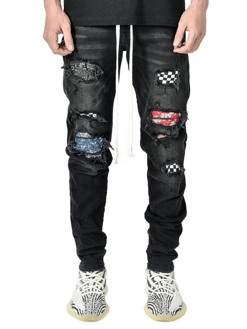 Herren-jeans Modische Jeans Für Herren Schickes Distressed-antik-design Skinny Hellhimmelblau Schwarz - Schwarz