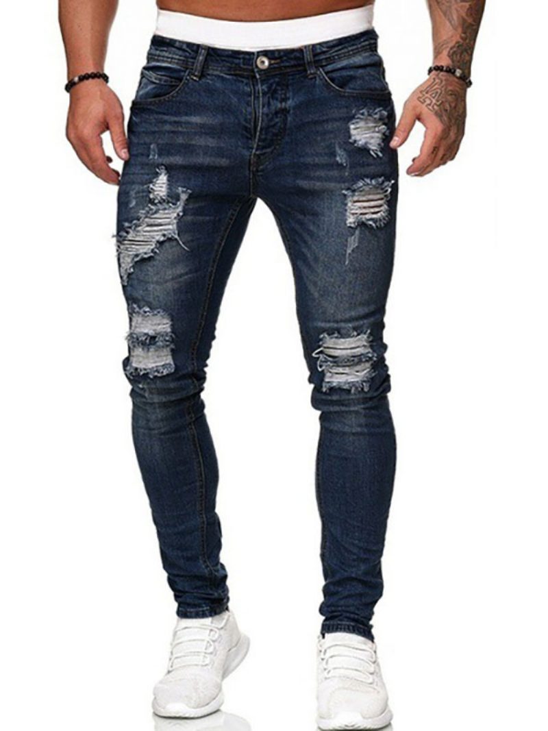 Herrenjeans Jeans Für Männer Chic Distressed Antique Design Skinny Deep Blue - Blau