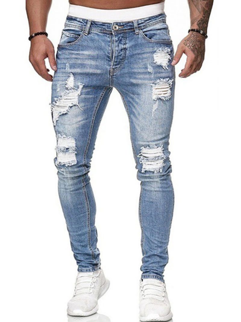 Herrenjeans Jeans Für Männer Chic Distressed Antique Design Skinny Deep Blue - Helles Himmelblau