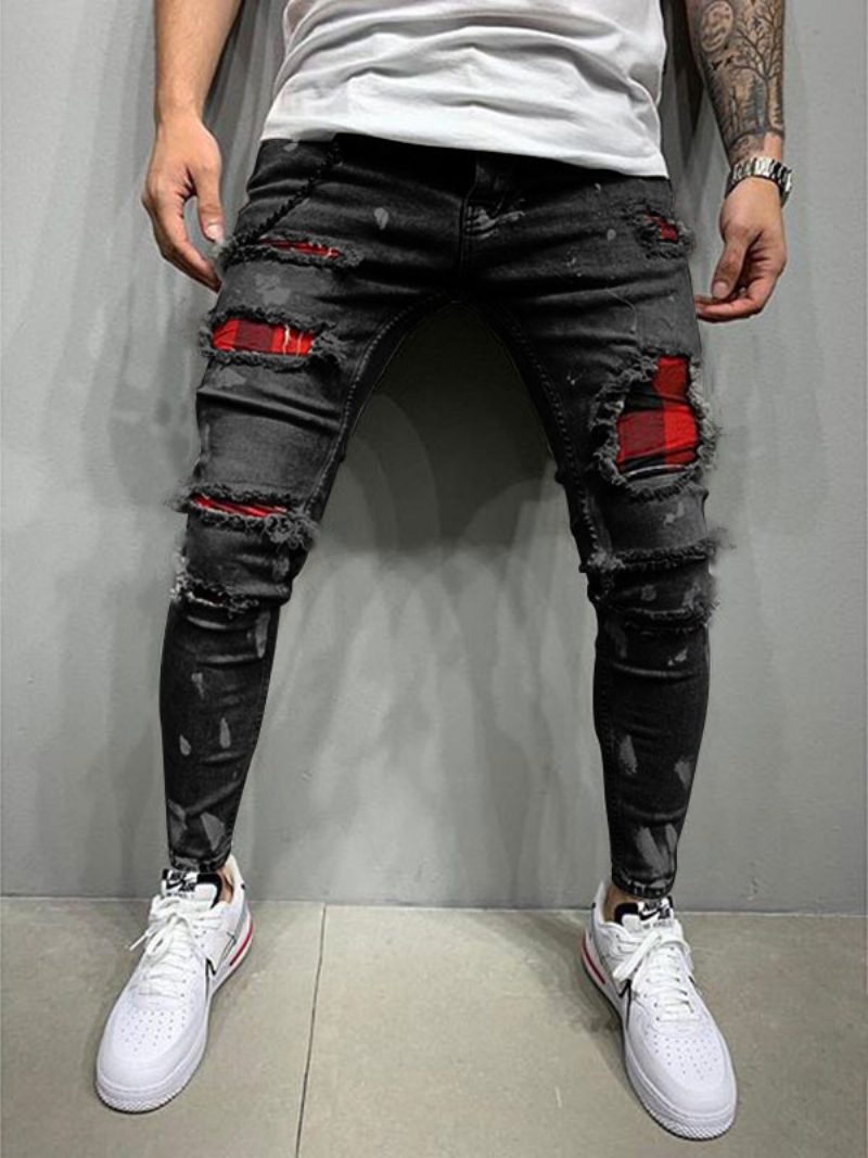 Hosen Für Männer Lässige Distressed Skinny Deep Blue Herrenhosen - Schwarz