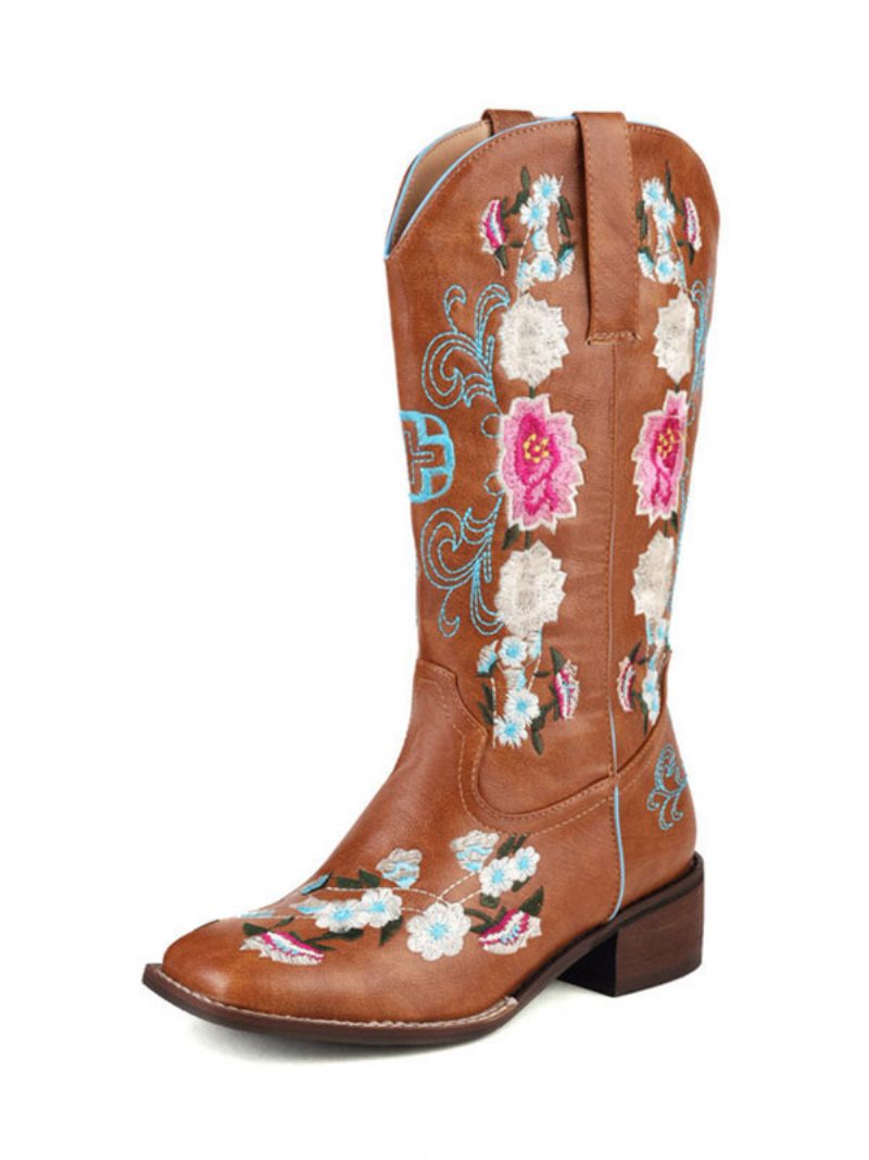 Braune Cowboystiefel Für Damen Runde Zehenpartie Welpenabsatz Mittelhohe Stiefel Cowgirl-hochzeitsschuhe - Dunkelbraun