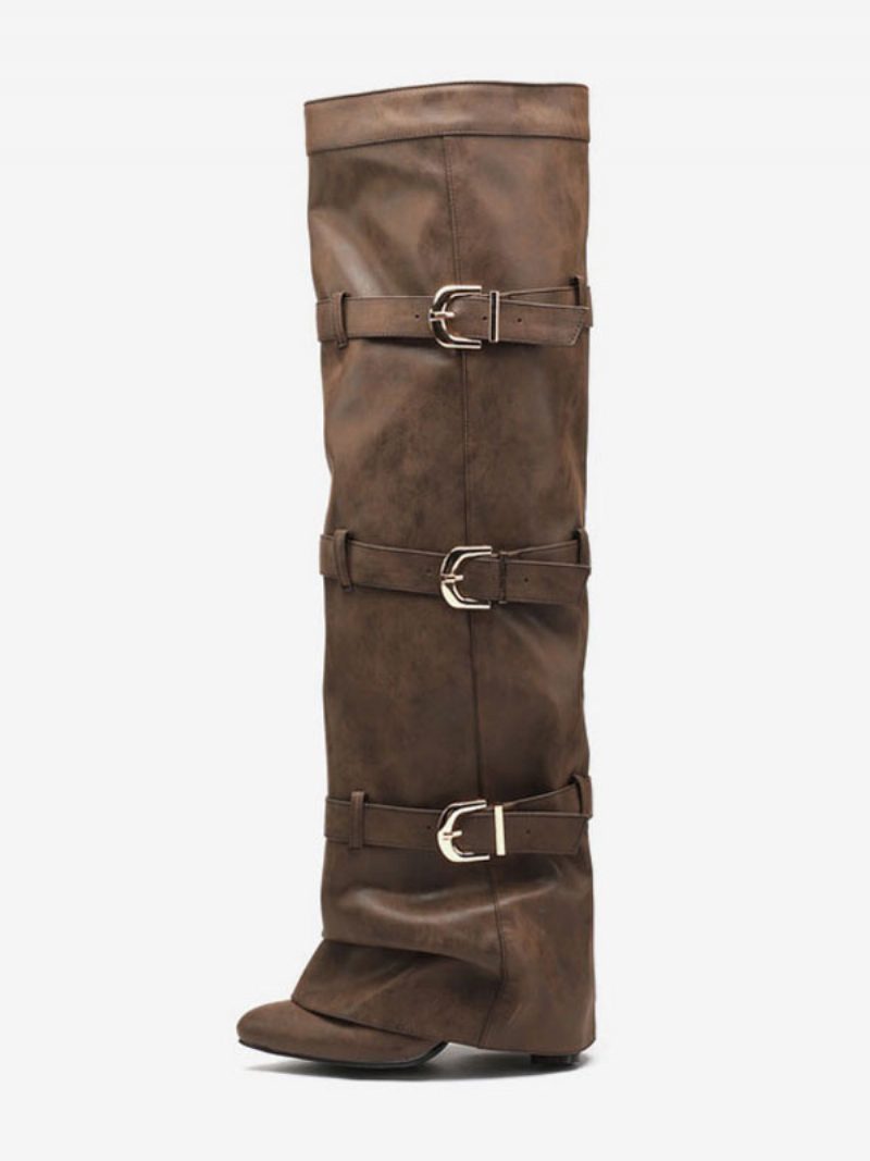 Braune Overknee-stiefel Für Damen Mit Spitzen Zehen Und Schnallendetail