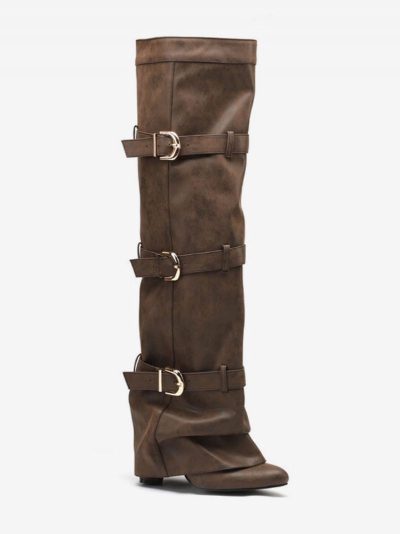 Braune Overknee-stiefel Für Damen Mit Spitzen Zehen Und Schnallendetail - Kaffeebraun