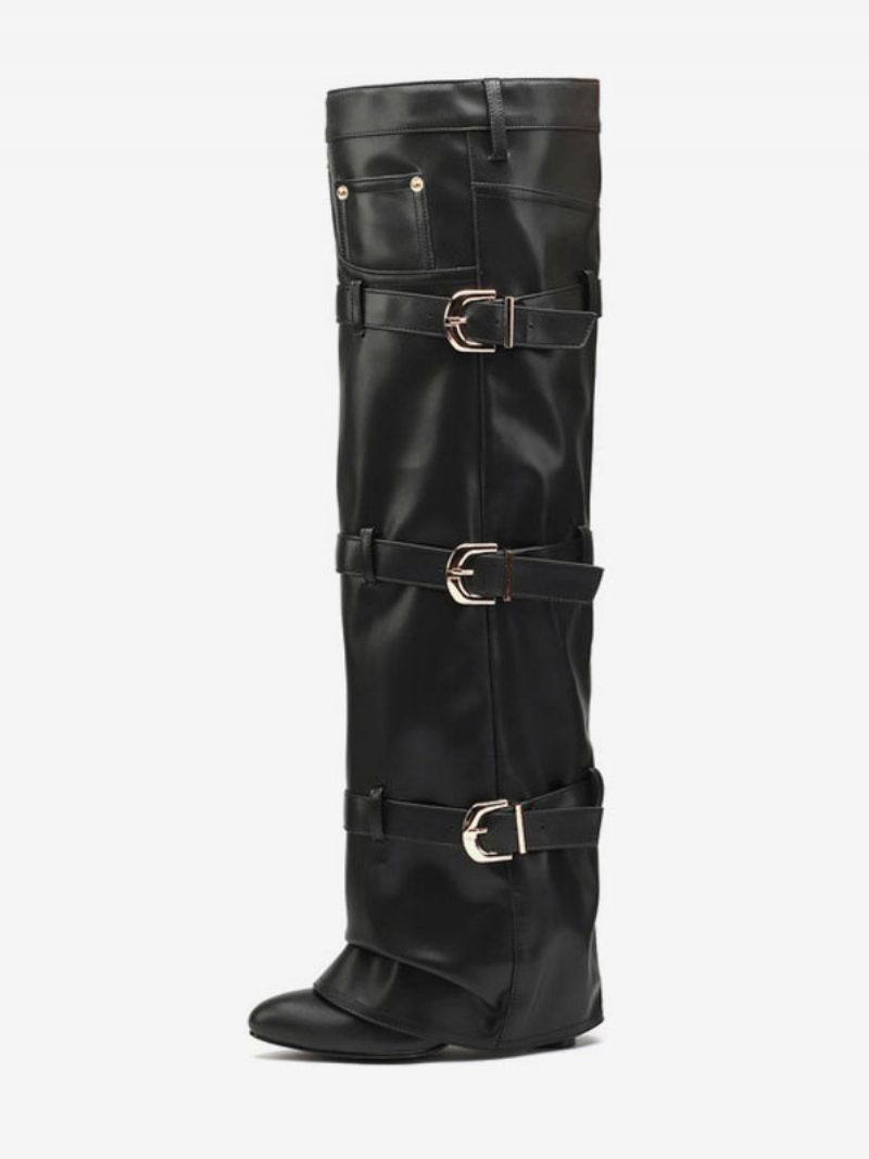 Braune Overknee-stiefel Für Damen Mit Spitzen Zehen Und Schnallendetail - Schwarz