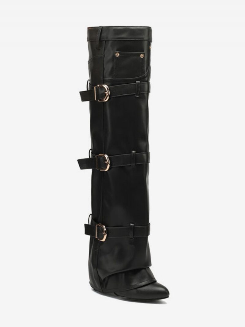 Braune Overknee-stiefel Für Damen Mit Spitzen Zehen Und Schnallendetail - Schwarz