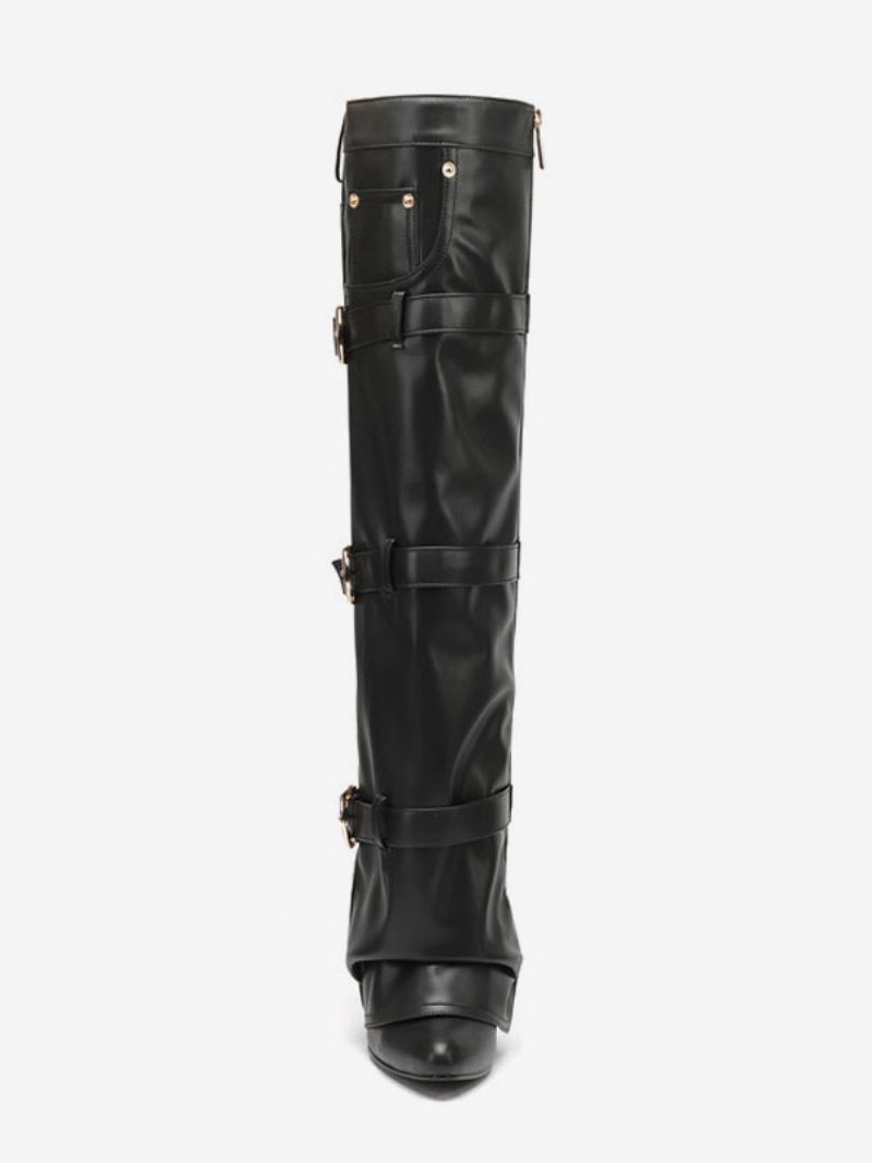 Braune Overknee-stiefel Für Damen Mit Spitzen Zehen Und Schnallendetail - Schwarz