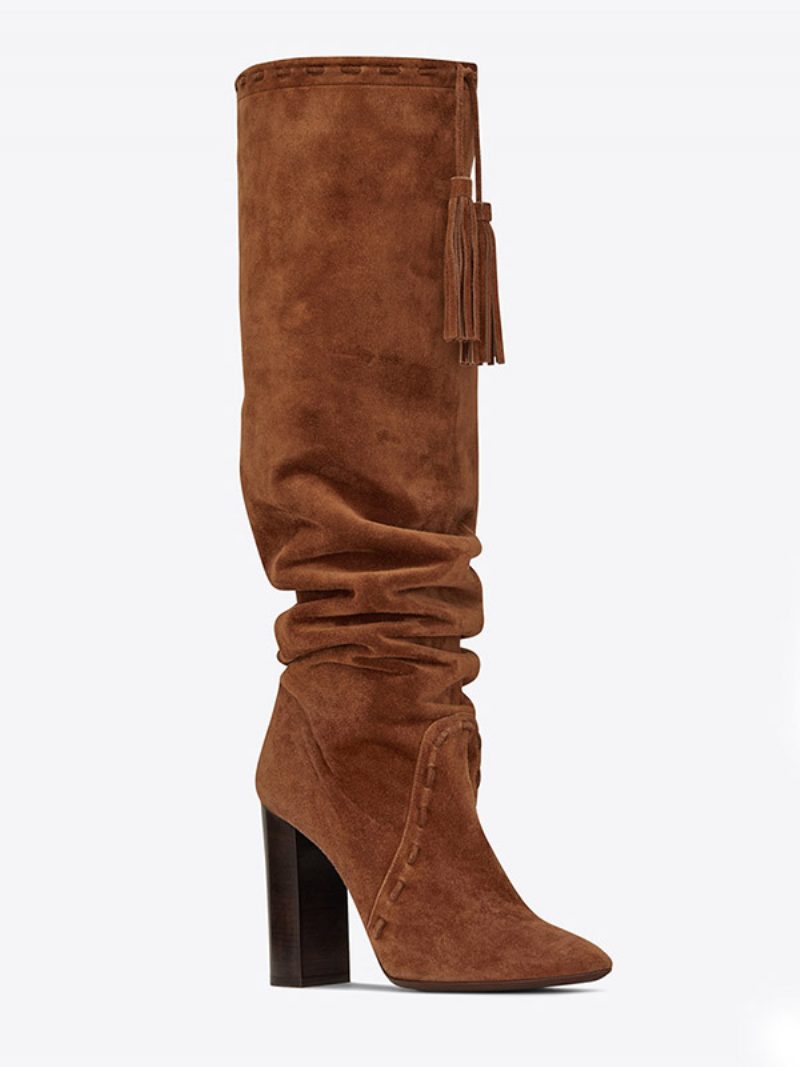 Braune Slouch-stiefel Aus Wildleder Für Damen Mit Klobigem Absatz Und Kniehohen Stiefeln - Kaffeebraun