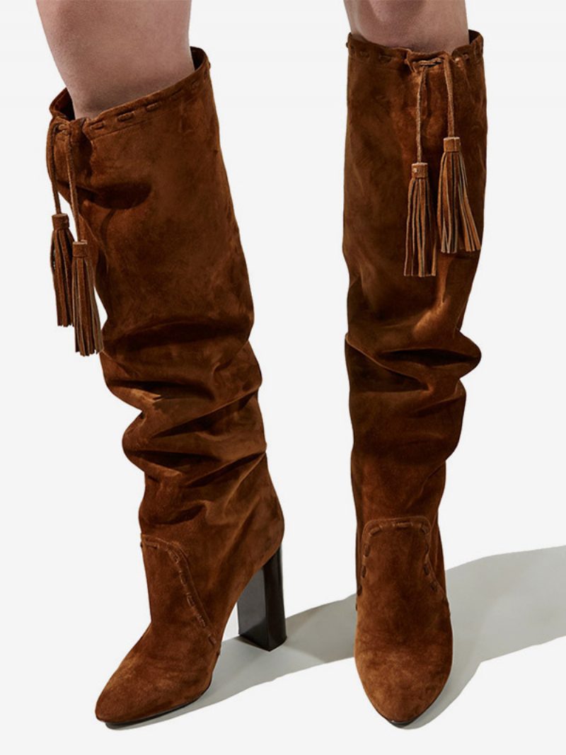 Braune Slouch-stiefel Aus Wildleder Für Damen Mit Klobigem Absatz Und Kniehohen Stiefeln - Kaffeebraun