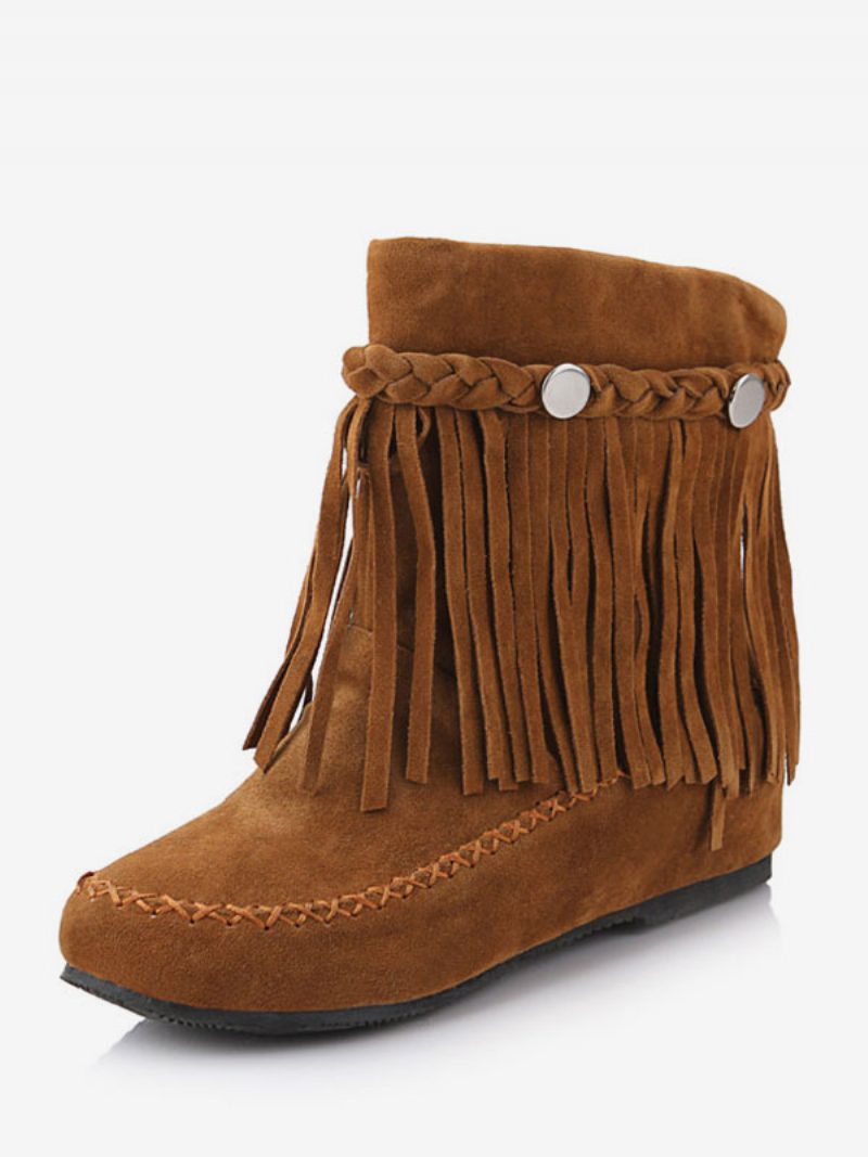 Damen-bohemian-booties Mit Fransen Und Runder Zehenpartie Flache Cowgirl-kurzstiefel