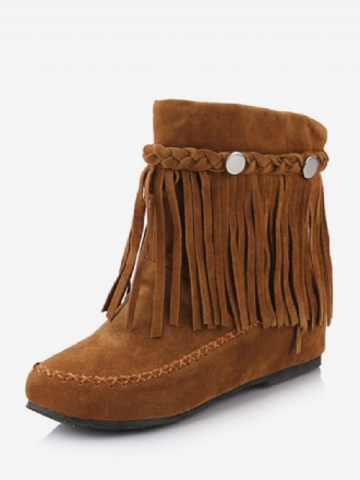 Damen-bohemian-booties Mit Fransen Und Runder Zehenpartie Flache Cowgirl-kurzstiefel