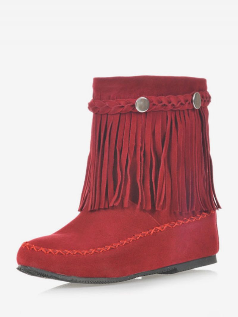 Damen-bohemian-booties Mit Fransen Und Runder Zehenpartie Flache Cowgirl-kurzstiefel - Rot