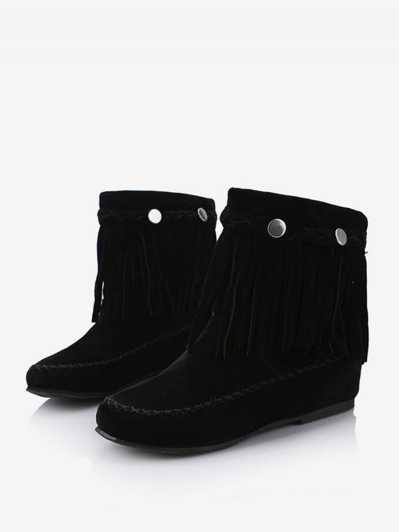 Damen-bohemian-booties Mit Fransen Und Runder Zehenpartie Flache Cowgirl-kurzstiefel - Schwarz