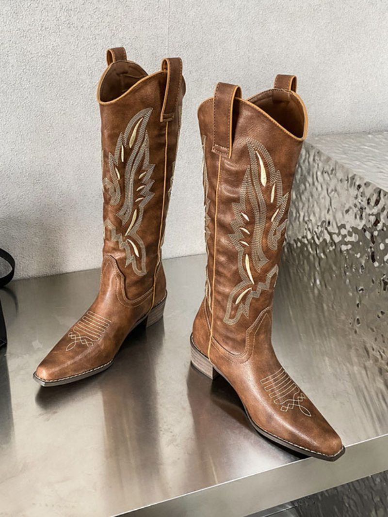 Damen-cowboystiefel Mit Mittelhoher Wade Und Quadratischer Zehenpartie - Kaffeebraun