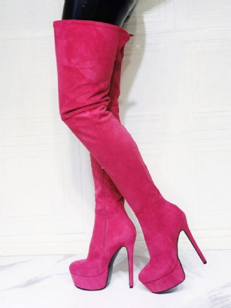 Damen-oberschenkel-high-heel-plateaustiefel Aus Rosa Wildleder