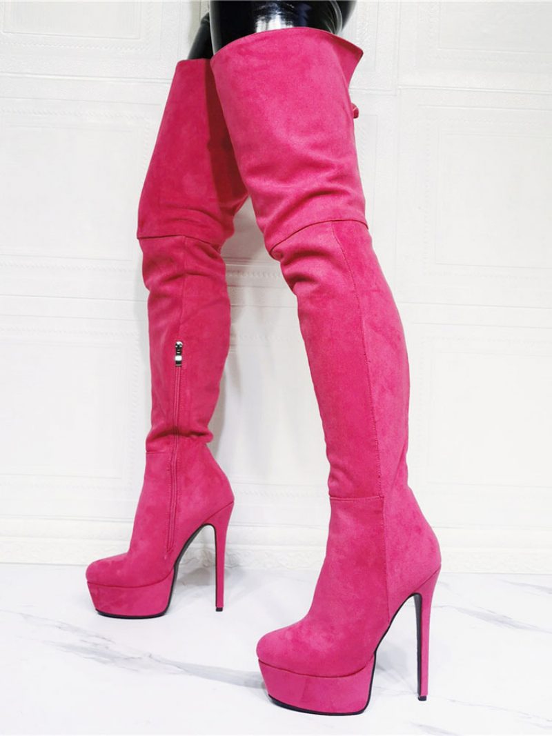 Damen-oberschenkel-high-heel-plateaustiefel Aus Rosa Wildleder - Rose