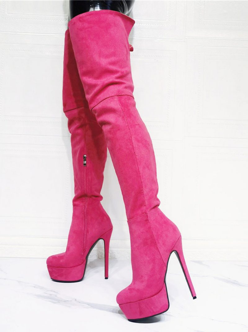 Damen-oberschenkel-high-heel-plateaustiefel Aus Rosa Wildleder - Rose