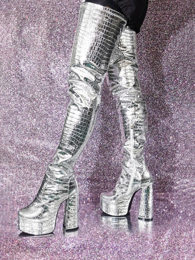 Damen-oberschenkelhohe Stiefel Silber Mit Metallic-steinmuster Und Klobigem Absatz