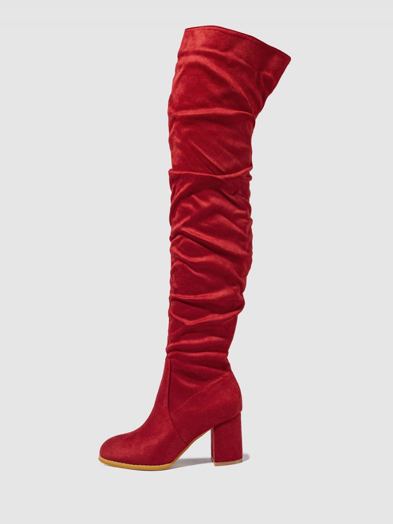 Damen-overknee-stiefel Aus Micro-wildleder Mit Klobigem Absatz - Rot