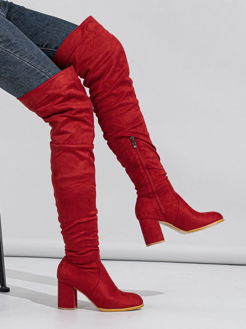 Damen-overknee-stiefel Aus Micro-wildleder Mit Klobigem Absatz - Rot