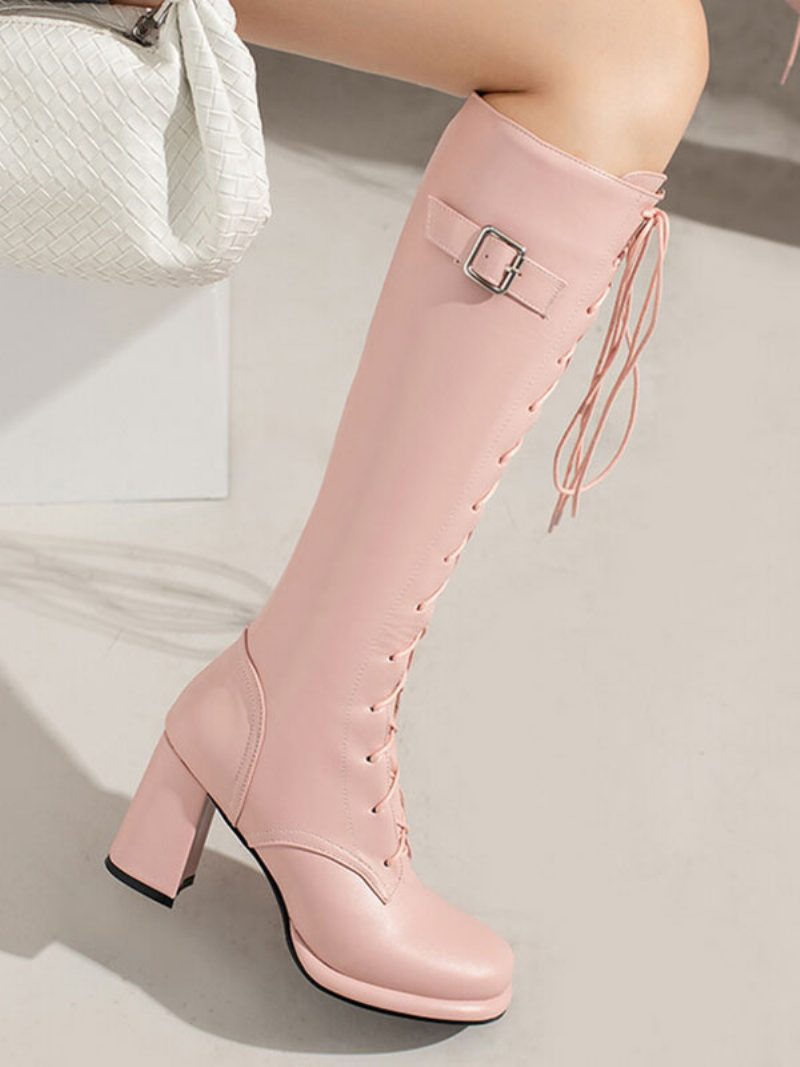 Damen-plateau-pu-leder-kniehohe Stiefel Mit Klobigem Absatz - Rosa