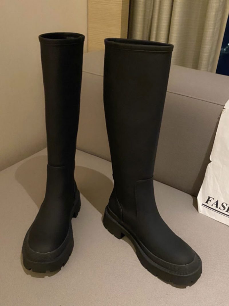 Damen-reitstiefel Mit Mittelhoher Wade Und Runder Spitze - Schwarz