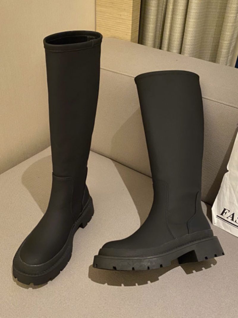 Damen-reitstiefel Mit Mittelhoher Wade Und Runder Spitze - Schwarz