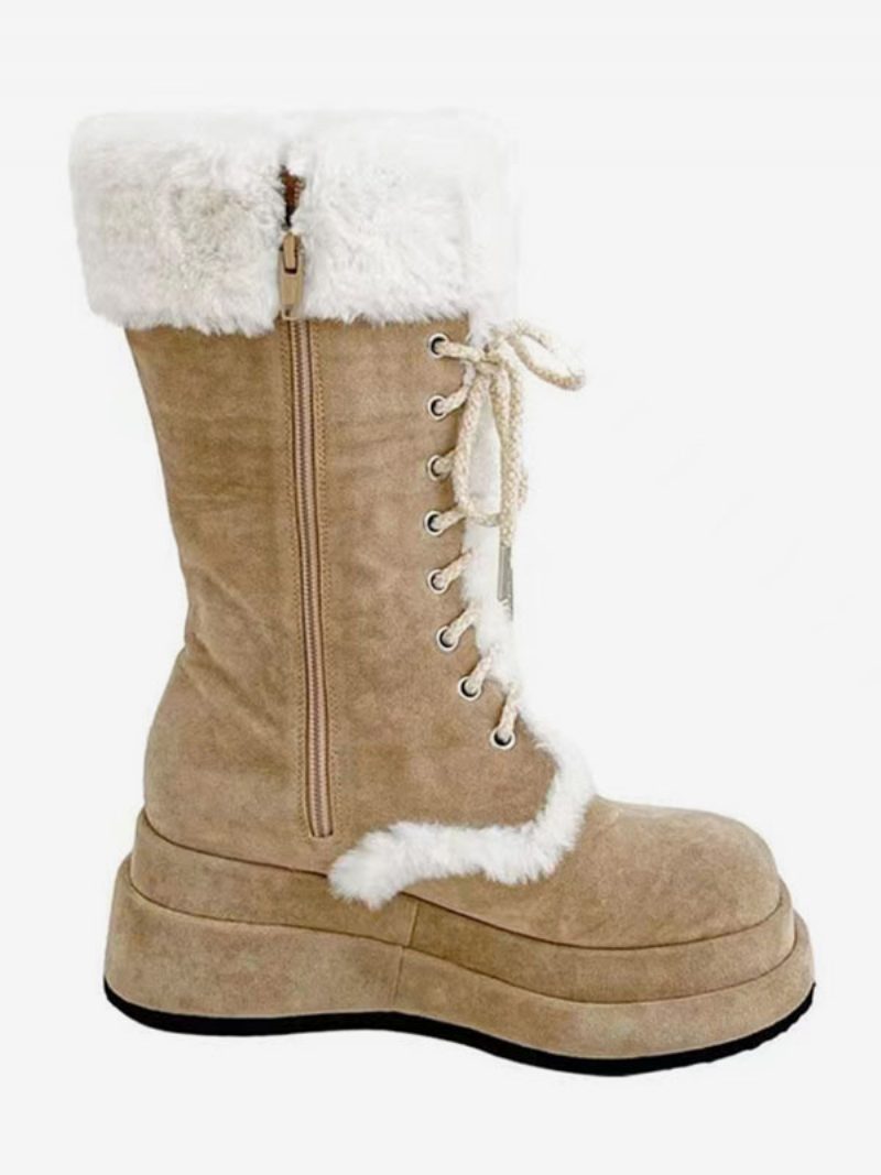 Damen-schneestiefel Mit Obermaterial Aus Micro-wildleder Und Runder Zehenpartie - Khaki