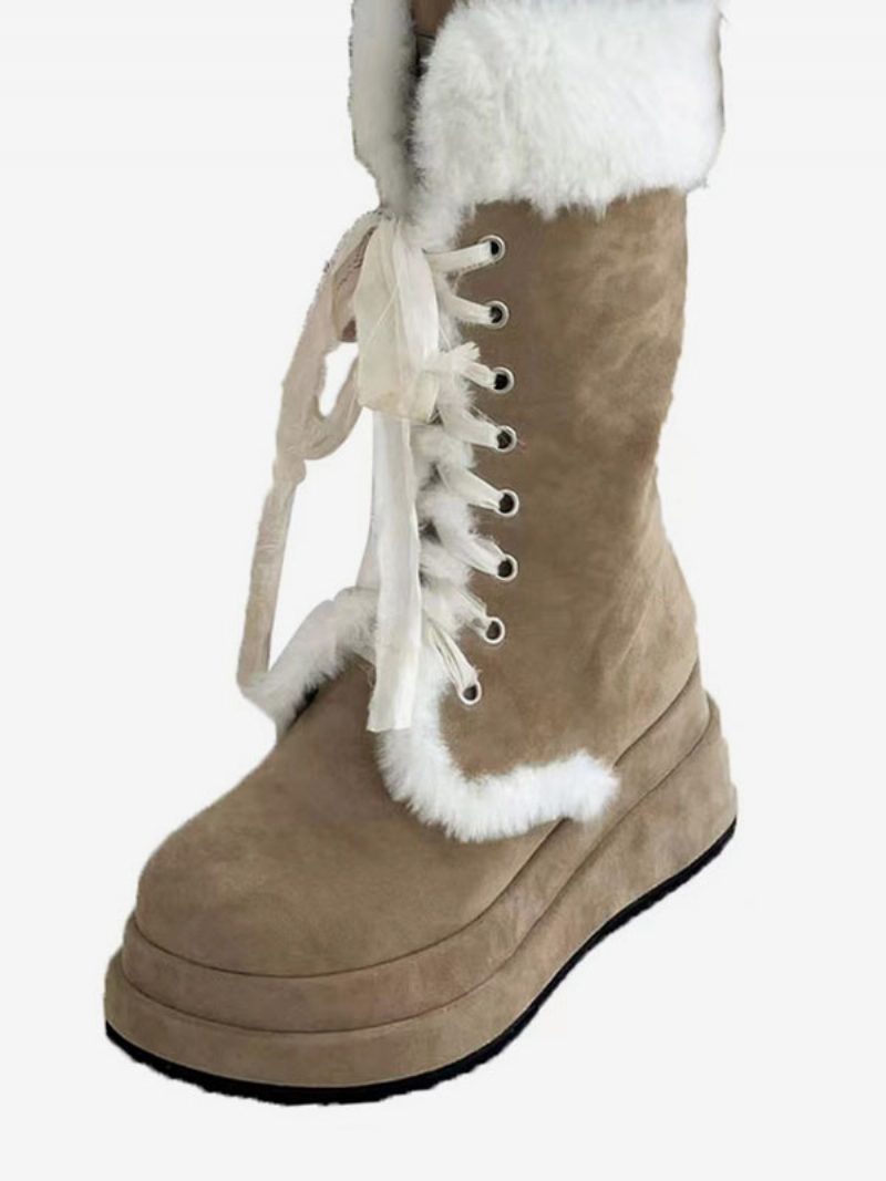 Damen-schneestiefel Mit Obermaterial Aus Micro-wildleder Und Runder Zehenpartie - Khaki