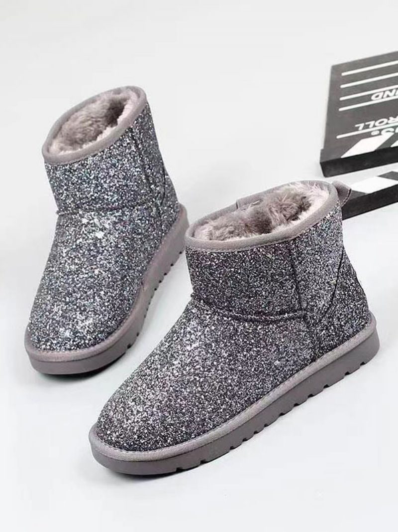 Damen-schneestiefel Silber Glitzernd Runde Zehenpartie Kurze Plüsch-winterstiefel