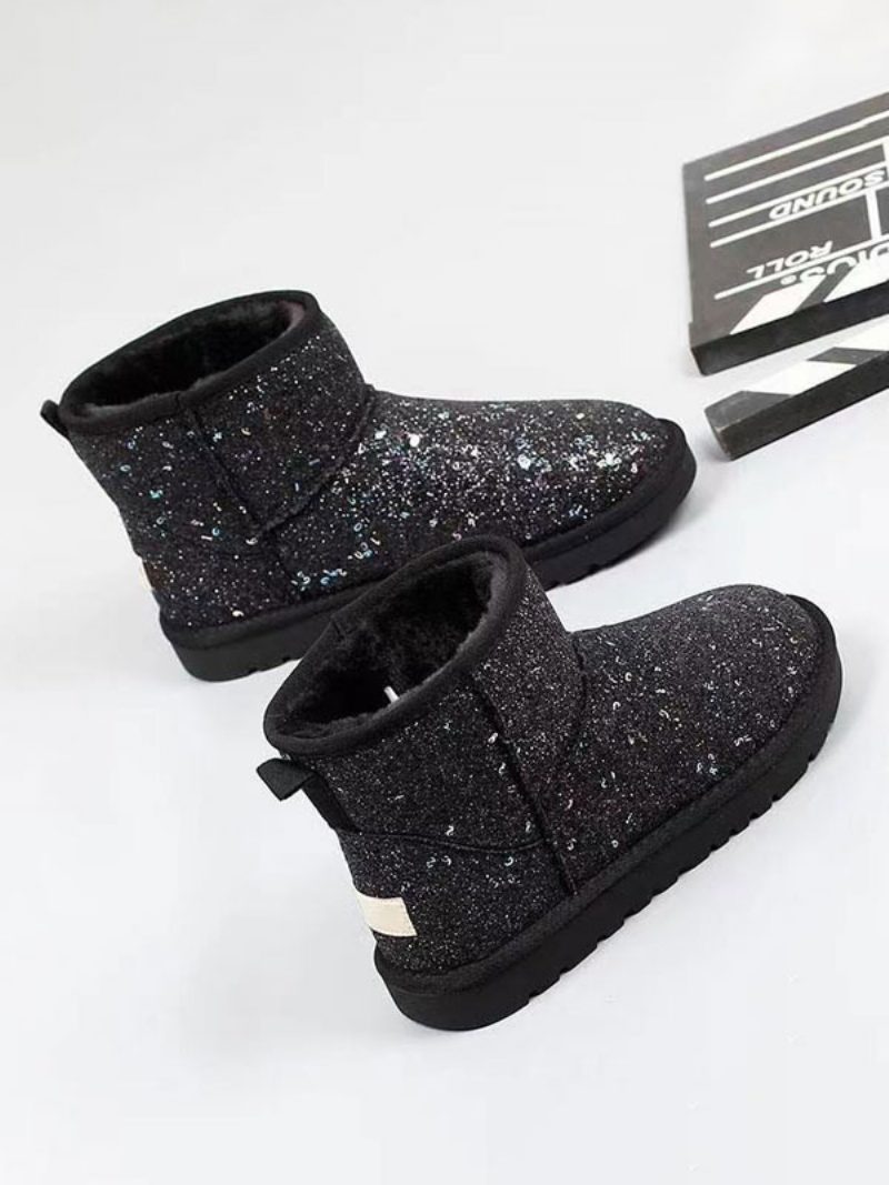 Damen-schneestiefel Silber Glitzernd Runde Zehenpartie Kurze Plüsch-winterstiefel - Schwarz