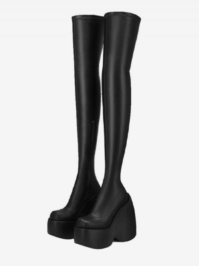 Damen Sexy Overknee-stiefel Mit Eckigem Zehenbereich Und Plateau-keilabsatz Schwarze - Schwarz