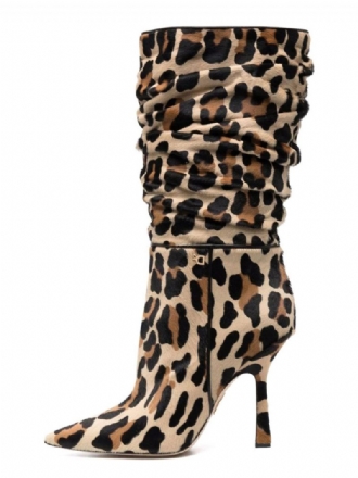 Damen-slouch-stiefel Mit Mittelhohem Schaft Und Leopardenmuster Stiletto-absatz