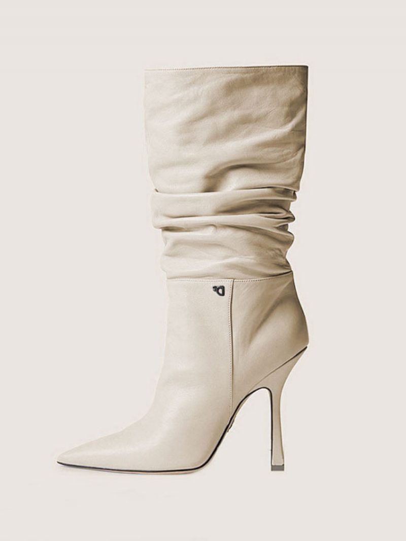 Damen-slouch-stiefel Mit Stiletto-absatz Und Halbhoher Wade Aus Hellem Blondem Leder - Beige