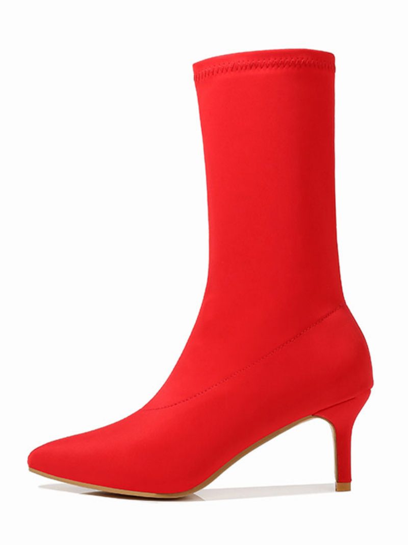 Damen-sockenstiefel Mit Mittelhohem Waden-stretch Spitze Zehenpartie 6.1 cm Kitten-heel-stiefel - Rot