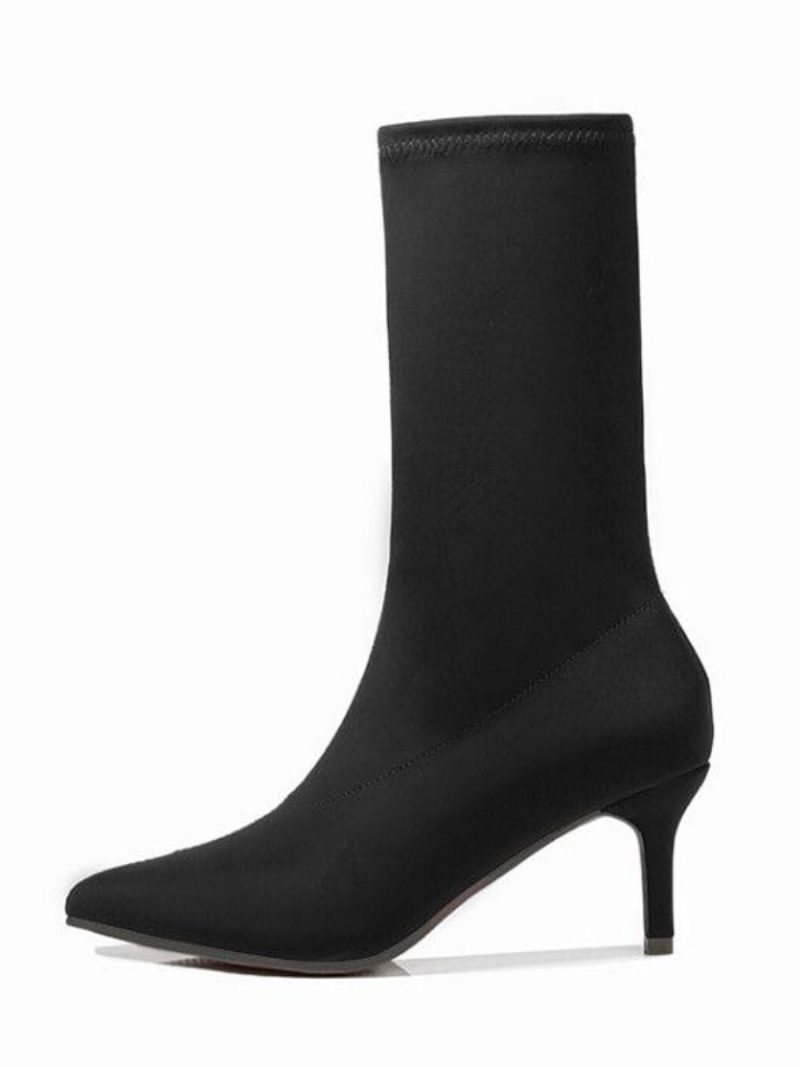 Damen-sockenstiefel Mit Mittelhohem Waden-stretch Spitze Zehenpartie 6.1 cm Kitten-heel-stiefel - Schwarz